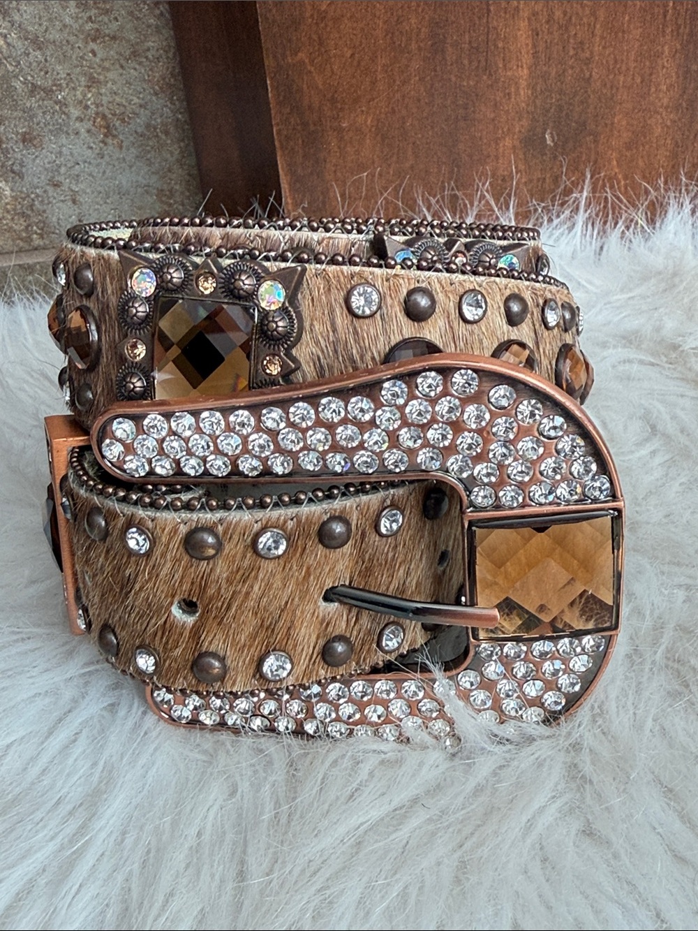 Nocona Western Cowhide Hair Rhinestone Bling Belt M Genuine Leather Statement